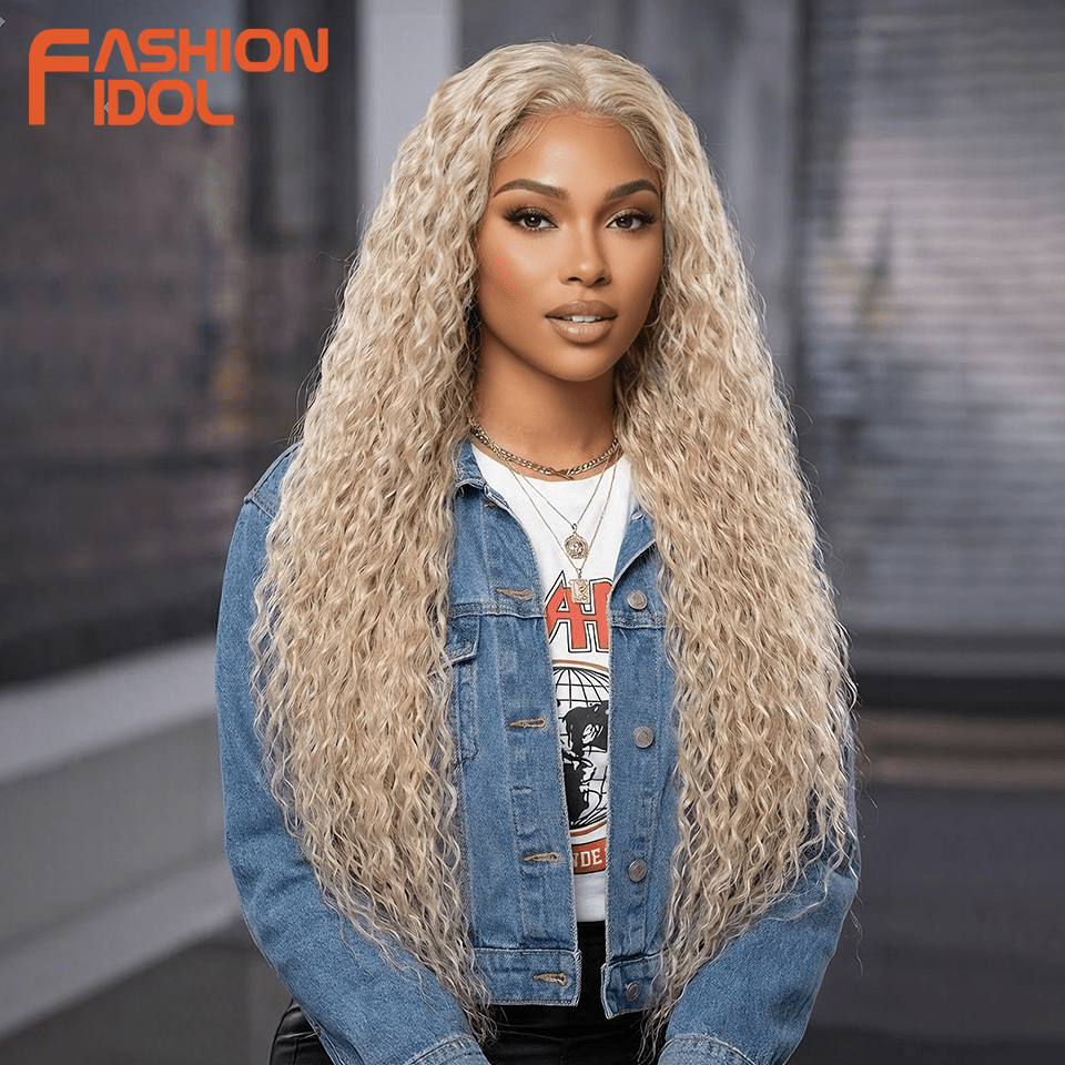 38 Inch Long Deep Wave Lace Front Wigs for Women Synthetic Kinky Curly Lace Frontal Wig Ombre Blonde Platinum Blonde Glueless Wig Heat Resistant Fiber 240g High Density Breathable Cap Pre Plucked Hairline Daily Party Use 38inch Wig