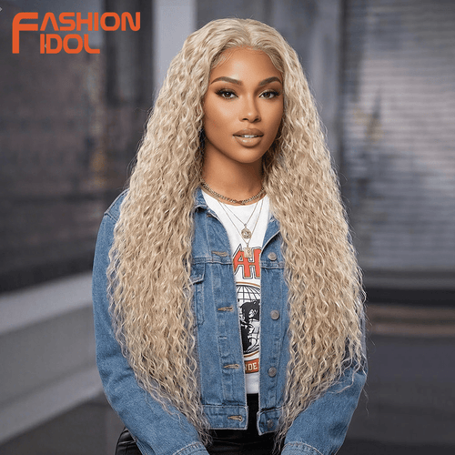 38 Inch Long Deep Wave Lace Front Wigs for Women Synthetic Kinky Curly Lace Frontal Wig Ombre Blonde Platinum Blonde Glueless Wig Heat Resistant Fiber 240g High Density Breathable Cap Pre Plucked Hairline Daily Party Use 38inch Wig