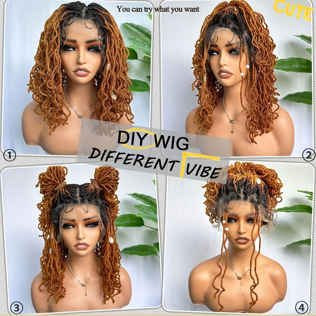 Short Curly Faux Locs Full Lace Wig Double Lace Wig 14 Inch Natural Black Double Lace Large Parting Space Twist Dreadlock Wigs For Balck Women Afro Curly Braided Synthetic Wig (Blonde 1B30) Latest Style
