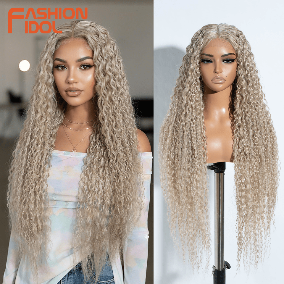 38 Inch Long Deep Wave Lace Front Wigs for Women Synthetic Kinky Curly Lace Frontal Wig Ombre Blonde Platinum Blonde Glueless Wig Heat Resistant Fiber 240g High Density Breathable Cap Pre Plucked Hairline Daily Party Use 38inch Wig