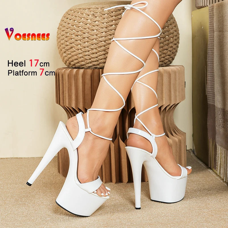 17CM Stiletto White Sandals For Women Thick Platform Sexy Lace-up Model T Show High Heels 2025 Summer Fashion Pole Dance Shoes