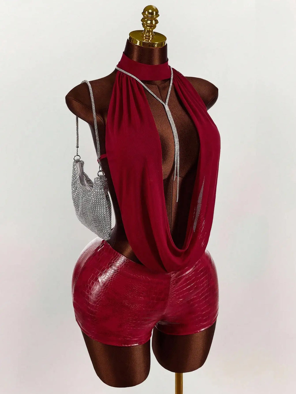 Women's Solid-Color Mesh Halter Top and Leather Jumpsuit