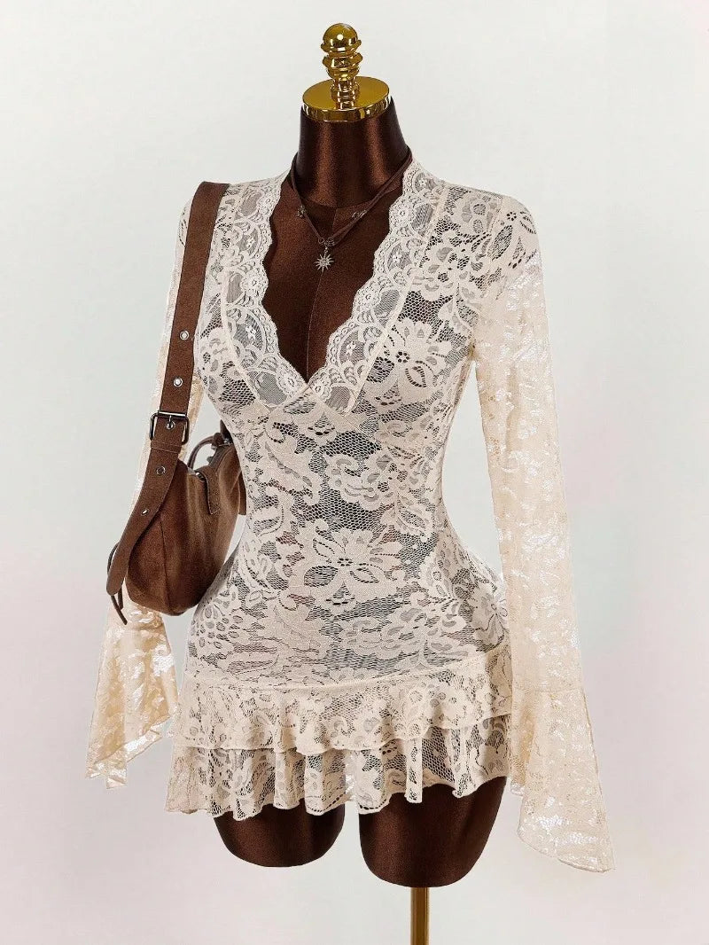 Ruffles Hem See Through Lace Mini Dress Women Sexy Deep V Neck Flare Long Sleeve Bodycon Night Clubwear Birthday Party Outfits