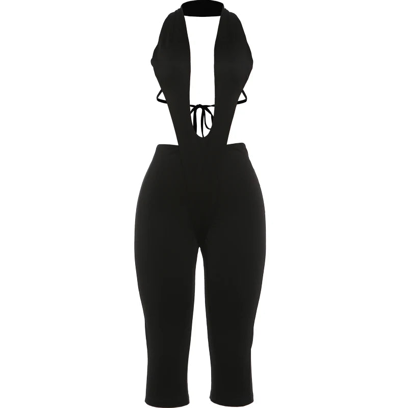 Sisterlinda Backless Romper Women Halter Waistless Patchwork Sleeveless Summer Clubwear Halter Skinny Hollow Activity Playsuit
