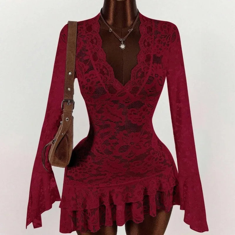 Ruffles Hem See Through Lace Mini Dress Women Sexy Deep V Neck Flare Long Sleeve Bodycon Night Clubwear Birthday Party Outfits