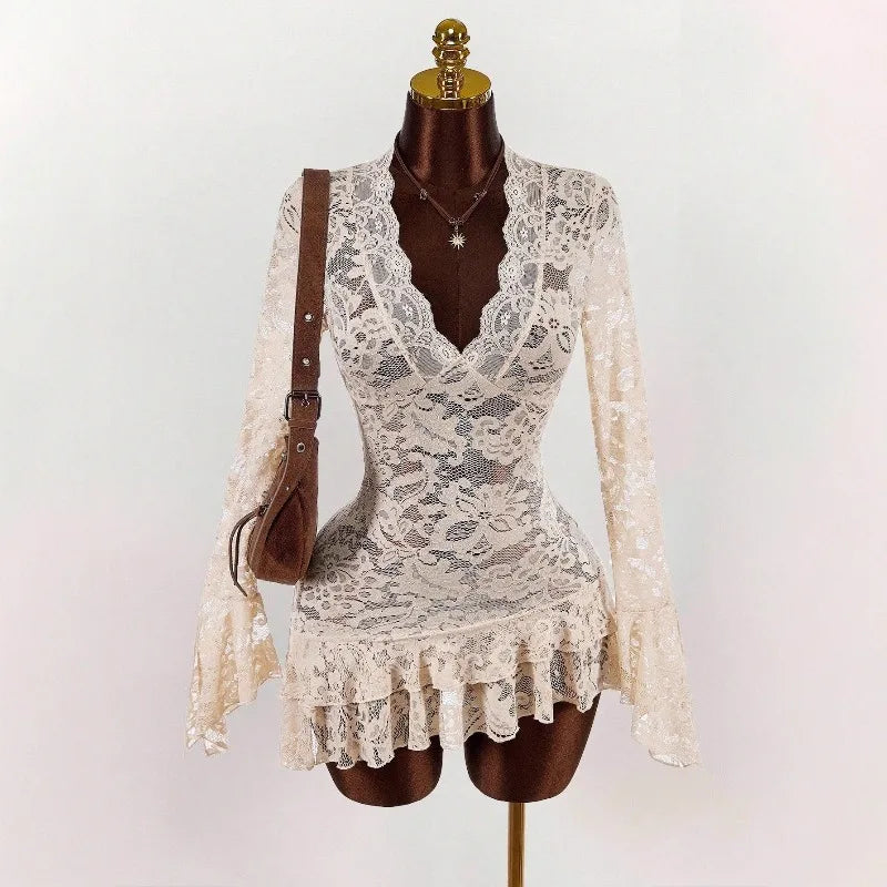 Ruffles Hem See Through Lace Mini Dress Women Sexy Deep V Neck Flare Long Sleeve Bodycon Night Clubwear Birthday Party Outfits