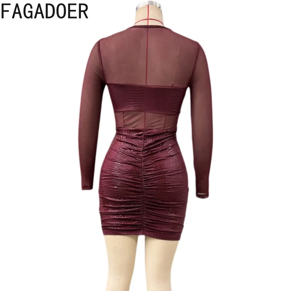 FAGADOER Sexy Mesh See Through Bodycon Dresses Women Solid Color Ruched Patchwork Long Sleeves Dress Female Streetwear Vestidos