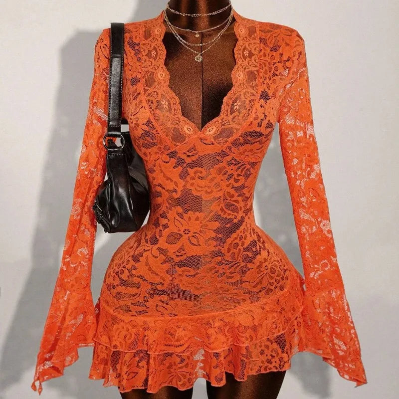 Ruffles Hem See Through Lace Mini Dress Women Sexy Deep V Neck Flare Long Sleeve Bodycon Night Clubwear Birthday Party Outfits