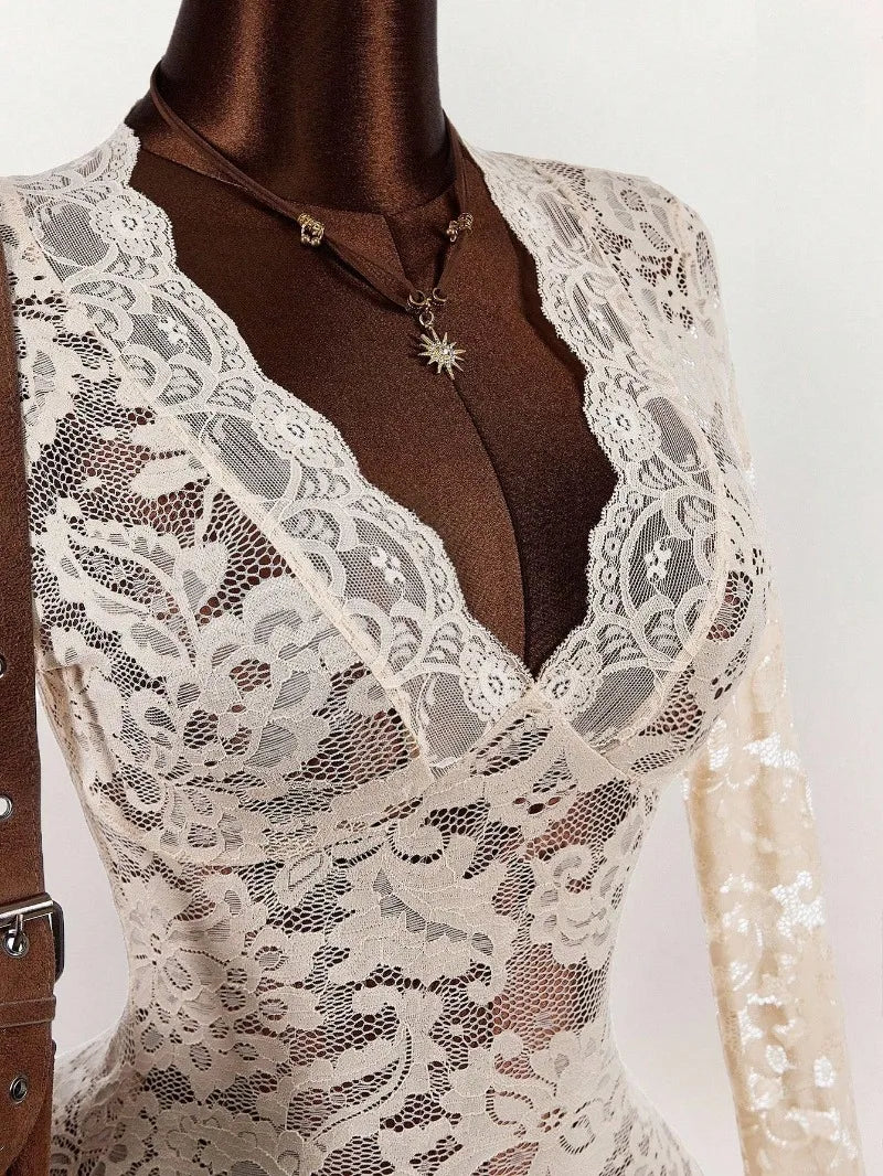 Ruffles Hem See Through Lace Mini Dress Women Sexy Deep V Neck Flare Long Sleeve Bodycon Night Clubwear Birthday Party Outfits