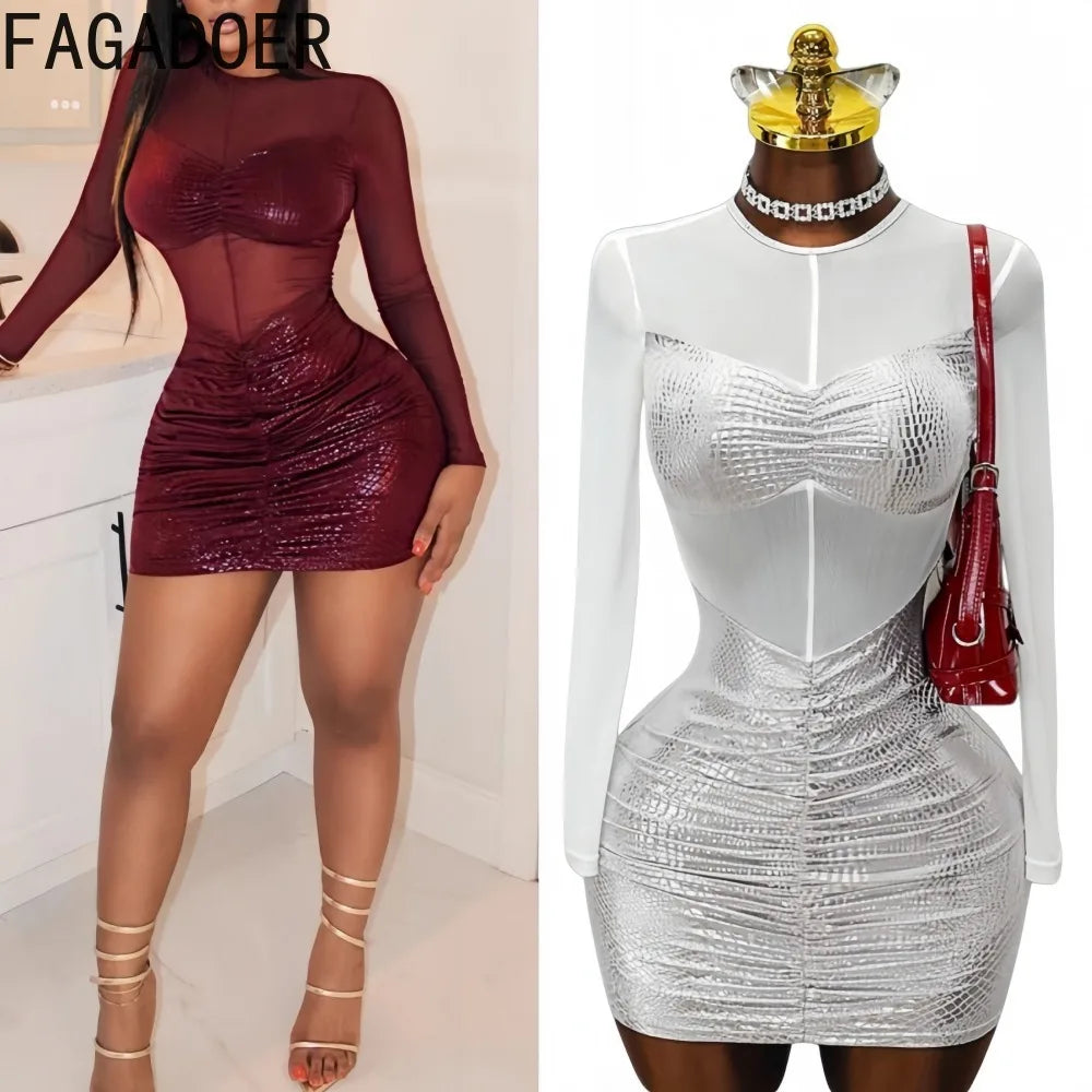 FAGADOER Sexy Mesh See Through Bodycon Dresses Women Solid Color Ruched Patchwork Long Sleeves Dress Female Streetwear Vestidos