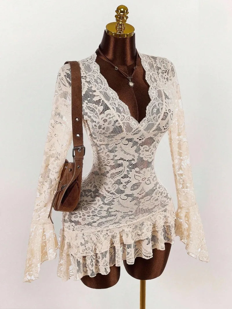 Ruffles Hem See Through Lace Mini Dress Women Sexy Deep V Neck Flare Long Sleeve Bodycon Night Clubwear Birthday Party Outfits