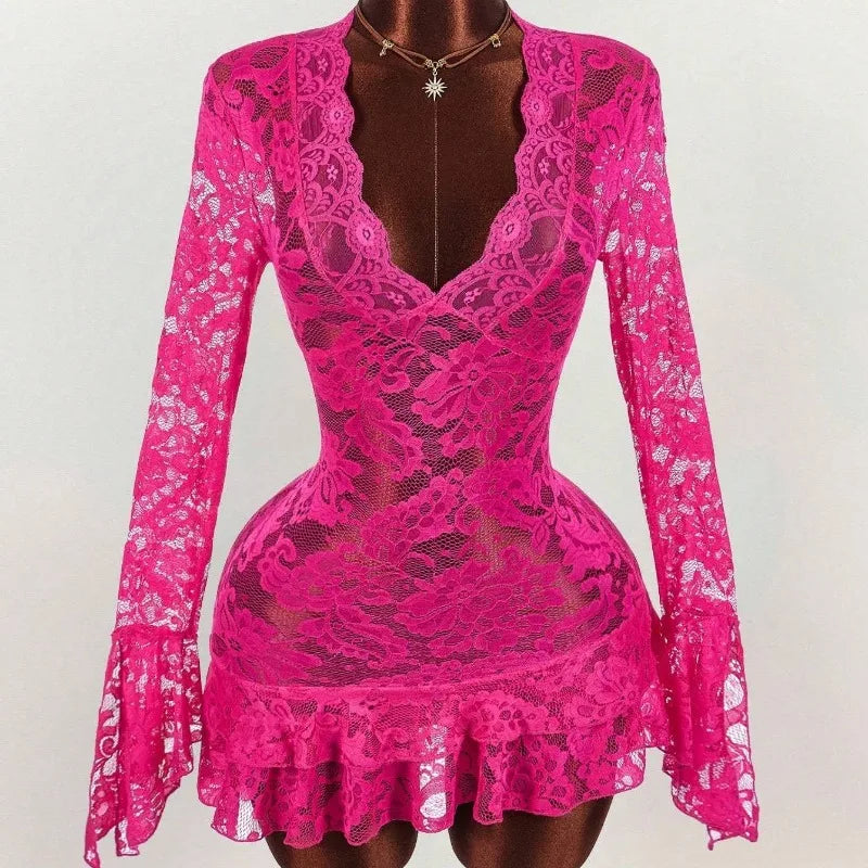 Ruffles Hem See Through Lace Mini Dress Women Sexy Deep V Neck Flare Long Sleeve Bodycon Night Clubwear Birthday Party Outfits