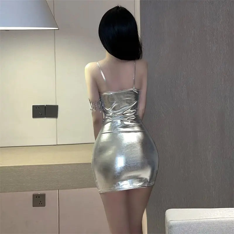 Womens Metallic Shiny Sleeveless Bodycon Dress Cocktail Rave Party Clubwear Spaghetti Straps Mini Dresses Music Festival Clothes