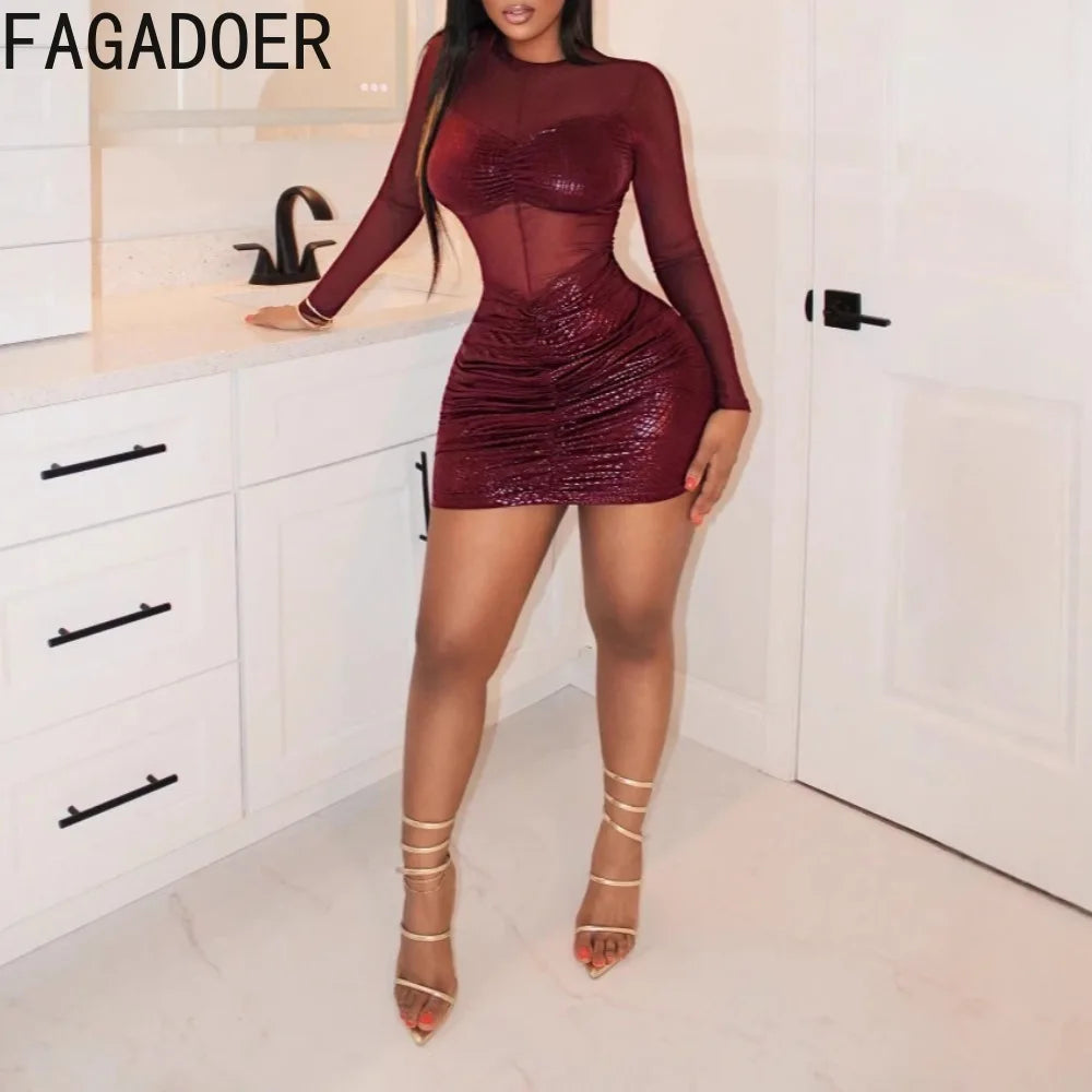 FAGADOER Sexy Mesh See Through Bodycon Dresses Women Solid Color Ruched Patchwork Long Sleeves Dress Female Streetwear Vestidos