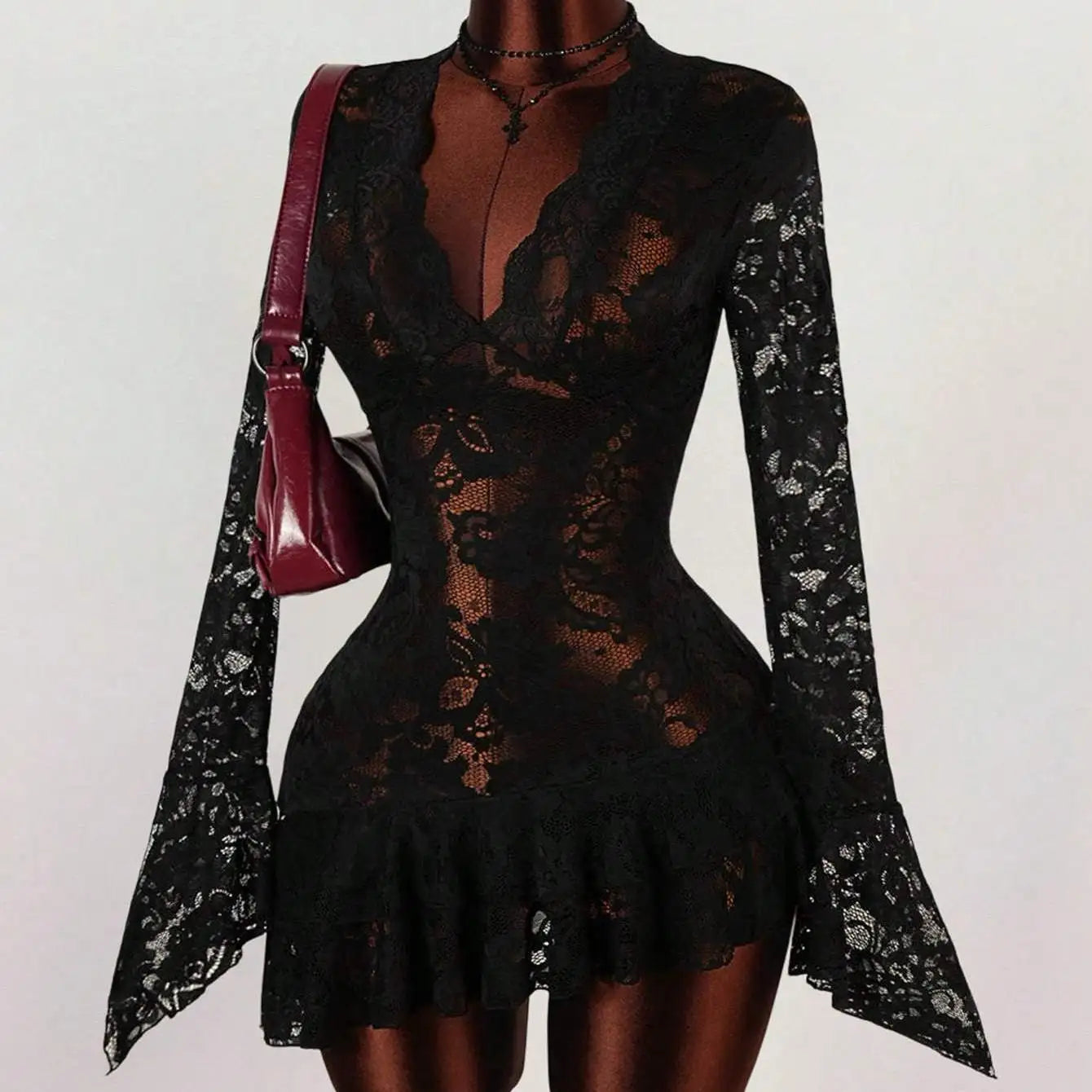 Ruffles Hem See Through Lace Mini Dress Women Sexy Deep V Neck Flare Long Sleeve Bodycon Night Clubwear Birthday Party Outfits