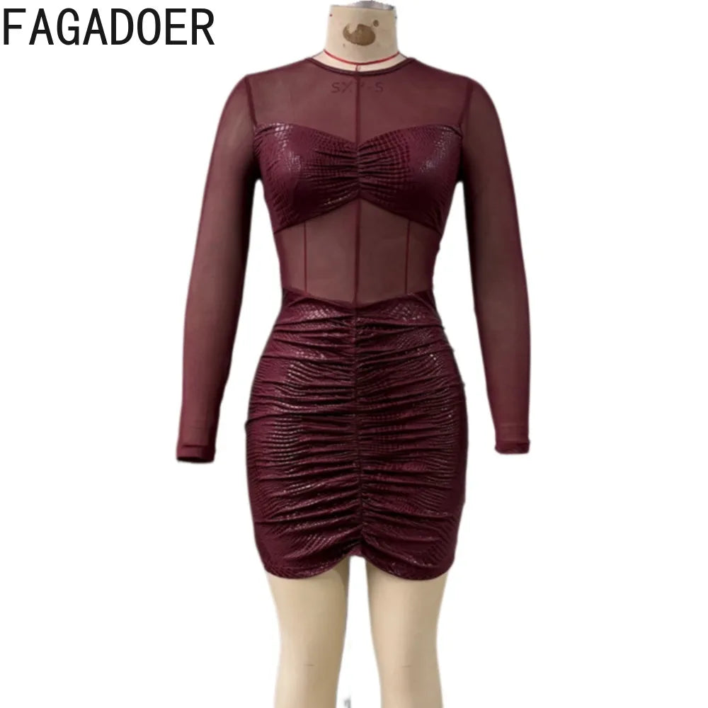 FAGADOER Sexy Mesh See Through Bodycon Dresses Women Solid Color Ruched Patchwork Long Sleeves Dress Female Streetwear Vestidos