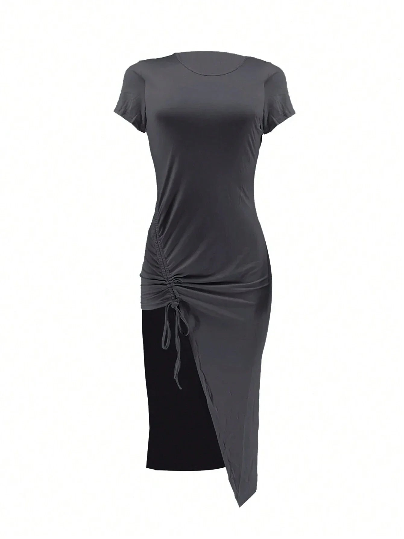 Women's Plain Ruched Drawstring Split Thigh Bodycon Dress, Asymmetrical Round Neck Shortsleeve Dress, Ladies Dress