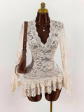 Ruffles Hem See Through Lace Mini Dress Women Sexy Deep V Neck Flare Long Sleeve Bodycon Night Clubwear Birthday Party Outfits
