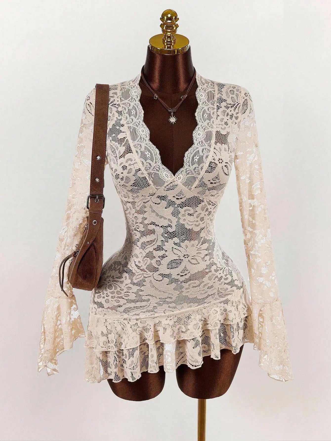 Ruffles Hem See Through Lace Mini Dress Women Sexy Deep V Neck Flare Long Sleeve Bodycon Night Clubwear Birthday Party Outfits
