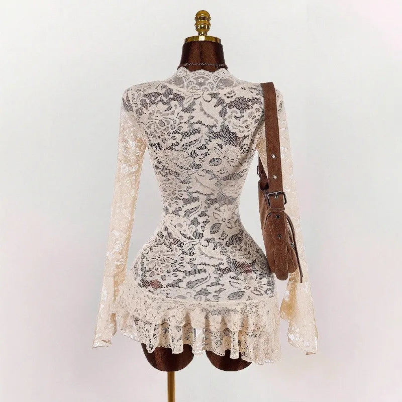 Ruffles Hem See Through Lace Mini Dress Women Sexy Deep V Neck Flare Long Sleeve Bodycon Night Clubwear Birthday Party Outfits