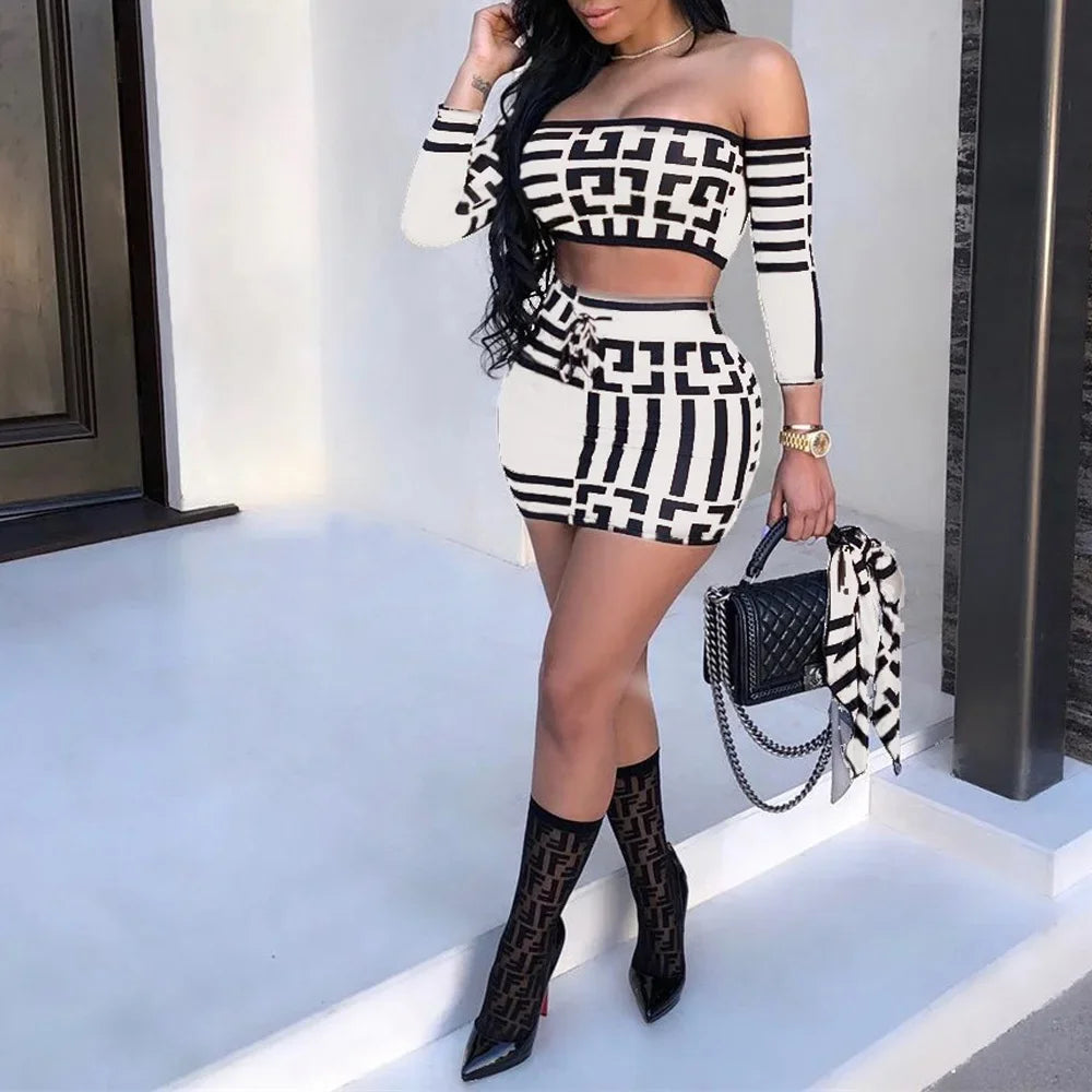 Two Piece Sexy Women's Printed Dress, Summer Long Sleeved Slim Fit One Line Collar, Elegant Party Club Party Mini Skirt Y2k Set