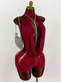 Women's Solid-Color Mesh Halter Top and Leather Jumpsuit