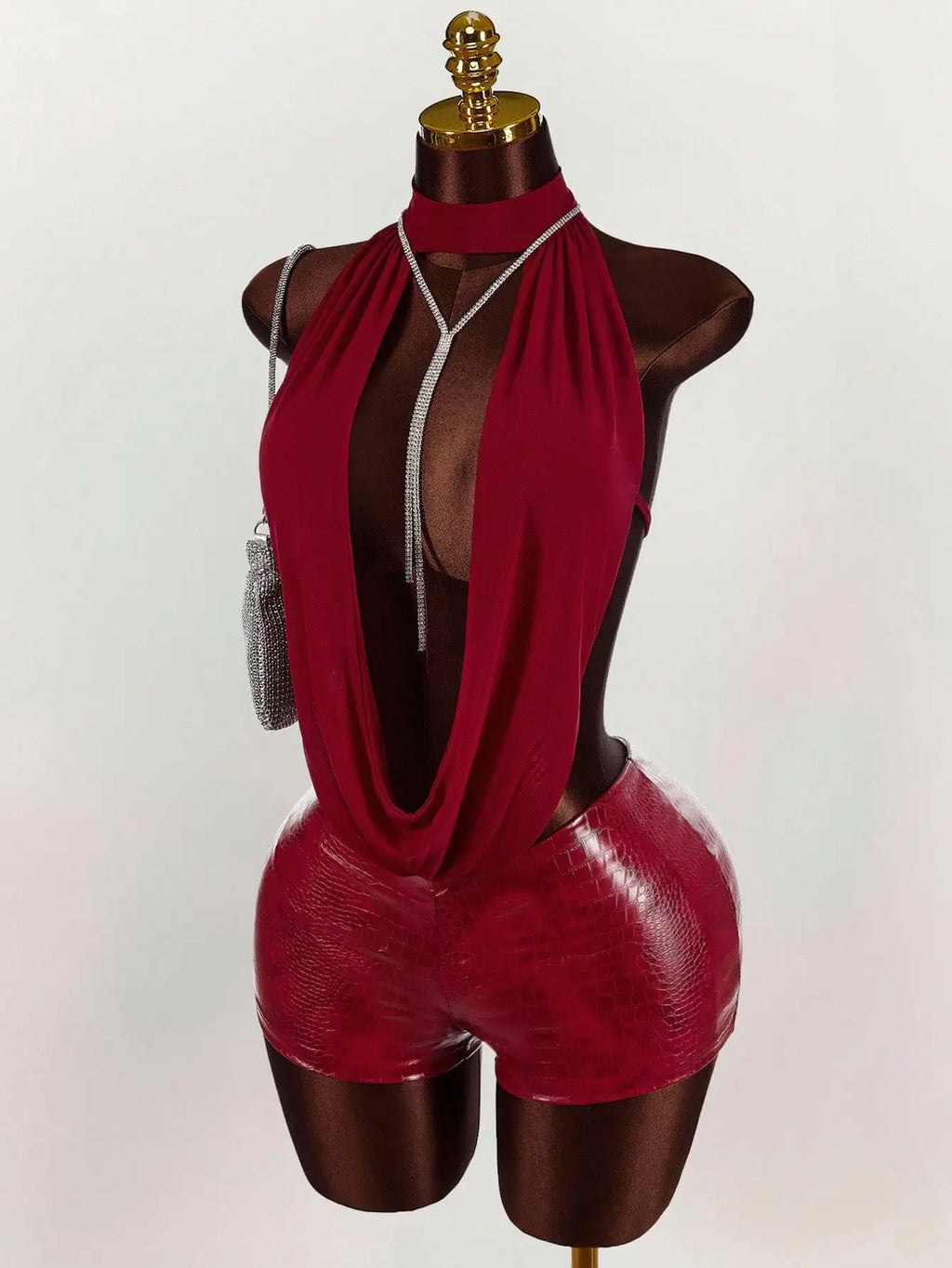 Women's Solid-Color Mesh Halter Top and Leather Jumpsuit